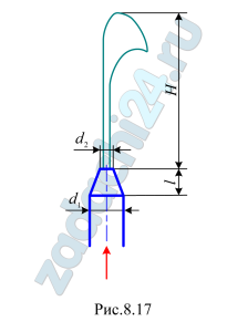 Струя из брандспойта бьет на высоту Н=15 м (рис. 8.17). Определить давление на входе в брандспойт и расход воды при следующих исходных данных: диаметр входного сечения d1=70 мм, диаметр выходного сечения d2=25 мм, длина брандспойта l=600 мм, потери напора в брандспойте h=0,35 м.