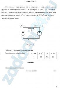 В объемном гидроприводе насос соединен с гидромотором двумя трубами с эквивалентной длиной l и диаметром d (рис. 22). Определить мощность, теряемую в трубопроводе, и перепад давления на гидромоторе, если полезная мощность насоса Nп, а расход жидкости Q. Рабочая жидкость – трансформаторное масло
