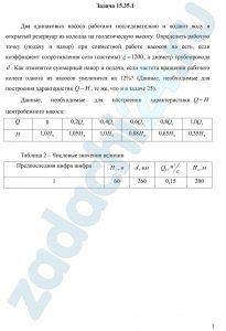 Два одинаковых насоса работают последовательно и подают воду в открытый резервуар из колодца на геодезическую высоту. Определить рабочую точку (подачу и напор) при совместной работе насосов на сеть, если коэффициент сопротивления сети (системы) ξ=1200, а диаметр трубопровода d. Как изменятся суммарный напор и подача, если частота вращения рабочего колеса одного из насосов увеличится на 12 %