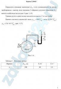 Определить показание манометра (рман в ат), установленного по центру трубопровода с маслом, если показание U-образного ртутного манометра hрт, высота столба воды над ртутью h (рис. 1.15). Уровень ртути в левом колене находится на высоте Z от оси трубы. Принять плотность жидкостей: масла ρмасл=900 кг/м³; воды ρ=103 кг/м³; ρрт=13,6·103 кг/м³