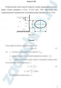 В вертикальной стенке имеется отверстие, которое перекрывается щитом в форме эллипса размерами а=1,5 м, b=2,5 м (рис. 3.25). Определить силу гидростатического давления воды и положение центра давления, если Н=0,3 м