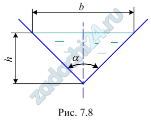 Жидкость движется в треугольном лотке с глубиной наполнения h=0,5 м (рис. 7.8). Ширина лотка по верху b=0,1 м. Определить, при каком максимальном расходе Q сохранится ламинарный режим, если кинематический коэффициент вязкости жидкости ν=10 сСт.