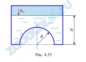 Построить тело давления, определить силу давления жидкости Р на полусферическую крышку (рис. 4.53) при следующих данных: радиус сферы R=2,0 м, плотность жидкости ρ=1250 кг/м³, глубина жидкости в резервуаре Н=6,2 м. Вакуумметрическое давление в резервуаре р0в=0,4·105 Па.