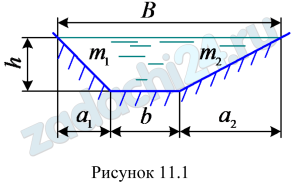 Определить расход воды в трапецеидальном канале (рис.11.1) при следующих данных: ширина канала по дну b=2,5 м, глубина наполнения h=1,1 м, коэффициенты заложения откосов m1=2,25, m2=1,75, коэффициент шероховатости n=0,0225, уклон дна канала i=0,0005.
