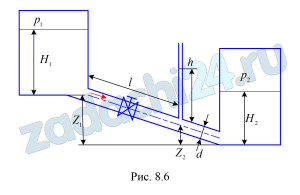 Определить, каким должно быть давление р1 над свободной поверхностью топлива в левом баке (рис. 8.6), чтобы оно перетекало с расходом Q=12 л/мин, если уровень топлива в левом баке Н1=6 м, уровень топлива в правом баке Н2=3 м, z1=5 м, z2=2 м, диаметр трубы d=100 мм; длина трубопровода 10 м; коэффициент сопротивления вентиля ξвент=1,2; коэффициент сопротивления входу и выходу из трубопровода ξвх= ξвых=0,8; шероховатость трубы – 0,04 мм. Давление над свободной поверхностью топлива в правом баке р2=105 кПа. Плотность топлива 880 кг/м3, кинематический коэффициент вязкости топлива ν=180 сСт. Определить также показания пьезометра, расположенного на расстоянии l=6 м от левого бака.