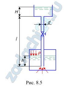 Абсолютное давление р в закрытом резервуаре составляет 1,8 бар (рис. 8.5). С каким расходом будет подаваться вода в открытый резервуар по трубопроводу диаметром d=22 мм и длиной l=4,4 м, если h=2 м, H=1 м, ξвхода=0,5, ξвыхода=1, ξвентил=2, шероховатость труб Δш=0,2 мм. Кинематический коэффициент вязкости воды ν=1·10–6 м2/с.