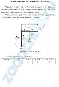 Определение реакций опор твёрдого тела Определить реакции опор А и В плоской балки, если на нее действуют сосредоточенные силы Р1 и Р2, алгебраический момент пары сил М и равномерно распределенная нагрузка интенсивностью q.