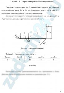 Определение реакций опор твёрдого тела Определить реакции опор А и В плоской балки, если на нее действуют сосредоточенные силы Р1 и Р2, алгебраический момент пары сил М и равномерно распределенная нагрузка интенсивностью q.