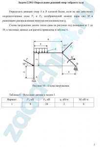 Определение реакций опор твёрдого тела Определить реакции опор А и В плоской балки, если на нее действуют сосредоточенные силы Р1 и Р2, алгебраический момент пары сил М и равномерно распределенная нагрузка интенсивностью q