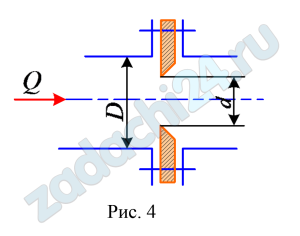 На участке горизонтального трубопровода диаметром D=80 мм, по которому движется вода с расходом Q=12 л/c, имеются обыкновенный вентиль (ζв=5,0) и 3 поворота трубы на с угольником (ζуг=1,3). Определить, какой будет расход при том же перепаде давлений, если на трубопровод установить диафрагму (рис. 4) диаметром d=20 мм (ζд=4,4). Потерями напора по длине пренебречь.