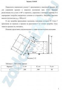 Определить нормальное усилие F, приложенное к наклонной крышке АВ для удержания крышки в закрытом положении (рис. 2.12). Крышка расположена под углом α=60º к горизонту, укреплена с помощью шарнира В и перекрывает патрубок квадратного сечения со стороной а. Патрубок заполнен маслом плотностью ρмасл=900 кг/м³. К дну патрубка присоединен пьезометр, показание которого Н. Сила F приложена по нормали к крышке на расстоянии b от стенки патрубка. Силу тяжести крышки не учитывать. Решение представить аналитическим и графо-аналитическим методами.