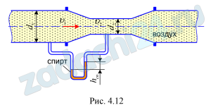 Определить показание U-образного спиртового манометра hсп, установленного на трубе Вентури в вентиляционном трубопроводе при значении диаметров d1 и d2, если расход воздуха Q. Принять плотность воздуха ρвозд=1,23 кг/м³; плотность спирта ρсп=820 кг/м³. Коэффициент сопротивления трубы Вентури принять равным ζвент (рис. 4.12).