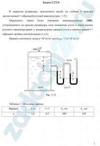 В закрытом резервуаре, заполненном водой, на глубине h выведен двухколенный U-образный ртутный манометр (рис. 1.31). Определить, каким будет показание мановакуумметра (МВ), установленного на крышке резервуара, если понижение ртути в левом колене ртутного манометра равно а, распределение уровней ртути в левой и правой U-образных трубках соответственно h1 и h2. Принять плотности: воды ρ=10³ кг/м³; ртути ρрт=13,6·10³ кг/м³.