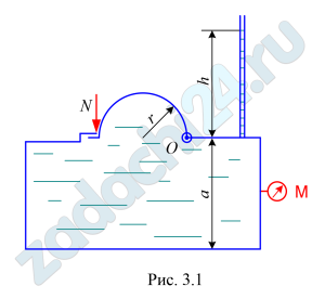 Запорное устройство полусферической крышки радиусом r рассчитано на усилие N. Определить показание манометра в центре боковой стенки при максимально допустимом давлении в жидкости плотностью ρ=900 кг/м³: N=90 кН, а=3 м, r=0,4 м.