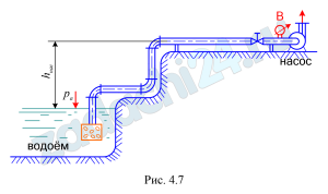 Из водоема с помощью центробежного насоса вода подается на горное предприятие (рис. 4.7). Определить высоту расположения оси центробежного насоса над уровнем воды в водоеме (hнас), если расход воды Q=30 л/c, диаметр трубы d=200 мм, длина l=25 м, вакуумметрическое давление на входе в насос рвак=0,5 ат. На входе в трубу установлена сетка с обратным клапаном. Учесть потери напора в трех коленах при угле и в задвижке Лудло со степенью закрытия . Считать трубу водопроводной загрязненной.