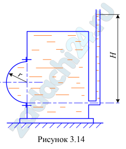 Определить величину, линию действия, угол наклона и глубину центра давления (hDравн) равнодействующей на полусферическую крышку в плоской вертикальной стенке закрытого резервуара (рис. 3.14), заполненного бензином. Радиус полусферы r=0,2 м, показание пьезометра, выведенного на уровне нижней кромки крышки Н=0,8 м, плотность бензина ρбенз=800 кг/м³.