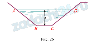 Определить смоченный периметр, живое сечение и гидравлический радиус канала трапецеидального сечения, имеющего следующие размеры: ширина по верху водной поверхности AD = 4 м, ширина по низу ВС = 1 м, глубина воды h = 1 м.