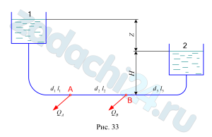 Резервуары 1 и 2 с разностью уровней Z=25 м соединены трубопроводом переменного сечения (рис. 33). В точках А и В трубопровода производится водоразбор с расходами QA=5 л/c и QB=5 л/c. Определить направление движения воды в трубах и давления в точках водоразбора при следующих данных: длины участков l1=1000 м, l2=l3=500 м; диаметры труб на участках d1=150 мм, d2=200 мм, d3=300 мм. Уровень воды в резервуаре 2 выше точек водоразбора на Н=15 м. Шероховатость стенок труб принять равной Δ=0,5 мм, местными сопротивлениями пренебречь.