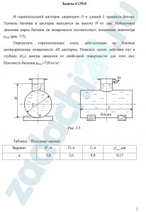 В горизонтальной цистерне диаметром D и длиной L хранится бензин. Уровень бензина в цистерне находится на высоте Н от дна. Избыточное давление паров бензина на поверхности соответствует показанию манометра рман (рис. 3.5). Определить горизонтальные силы, действующие на боковые цилиндрические поверхности АВ цистерны. Показать линии действия сил и глубину (hD) центра давления от свободной поверхности для этих сил. Плотность бензина ρ