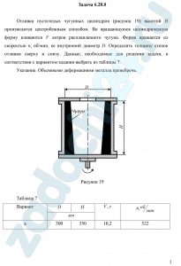 Отливка пустотелых чугунных цилиндров (рисунок 19) высотой Н производится центробежным способом. Во вращающуюся цилиндрическую форму вливаются V литров расплавленного чугуна. Форма вращается со скоростью n, об/мин, ее внутренний диаметр D. Определить толщину стенок отливки сверху и снизу