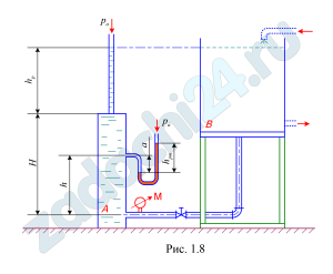 Цилиндрический резервуар А соединен трубопроводом с водонапорным баком (рис. 1.8). Для контроля уровня воды в баке и действующего напора установлен пьезометр на высоте Н=1,6 м от подводящего трубопровода. 1. Определить показание манометра М (рман в ат), установленного на трубопроводе, если пьезометрическая высота hp=1,2 м. 2. Определить показание U-образного ртутного манометра (hрт), установленного на высоте h=1,0 м от оси трубы. Принять то же показание пьезометра hр=1,2 м, понижение уровня ртути в левом колене а=100 мм, плотность воды ρ=10³ кг/м³; ртути ρрт=13,6·10³ кг/м³.