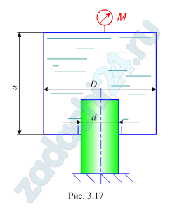 Полностью заполненный водой цилиндрический сосуд диаметром D и высотой а опирается на плунжер диаметром d. Определить минимальный диаметр плунжера из условия равновесия сосуда, если сила его тяжести G = 5700 Н; D = 0,2 м; а = 0,4 м, а показание манометра М составляет рм = 30 ат.