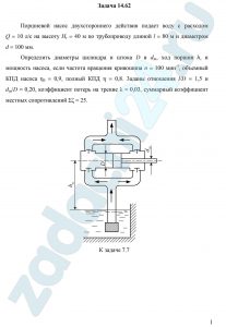 Поршневой насос двухсторонне­го действия подает воду с расходом Q = 10 л/с на высоту Нг = 40 м по трубопроводу длиной l = 80 м и диаметром d = 100 мм. Определить диаметры цилиндра и штока D и dш, ход поршня h, и мощность насоса, если частота вращения кривоши­па n = 100 мин-1, объемный КПД насо­са η0 = 0,9, полный КПД η = 0,8. 3аданы отношения l/D = 1,5 и dш/D = 0,20, коэффициент потерь на трение λ = 0,03, суммарный коэф­фициент местных сопротивлений