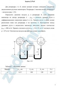 Два резервуара А и В, линии центров которых совпадают, соединены двухколенным ртутным манометром. Резервуара А заполнен водой, резервуар В – воздухом (рис. 1.23). Определить давление воздуха рх в резервуаре В, если показание манометра по центру резервуара А – рман, а разности уровней ртути в дифференциальном манометре равны h1 и h2. Уровень ртути в левом колене расположен ниже оси резервуара А на величину h. Пространство между уровнями ртути в жидкостном манометре заполнено маслом плотностью ρмасл = 880 кг/м³. Принять плотность ртути ρрт = 13,6·10³ кг/м³; плотность воды ρ = 10³ кг/м³. Плотностью воздуха при расчетах можно пренебречь.