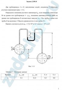 Два трубопровода А и В, заполненные водой, соединены U-образным ртутным манометром (рис. 1.11). Определить показание ртутного манометра hрт, если показание манометра М на уровне оси трубопровода А - рман, показание мановакуумметра (МВ) на уровне оси трубопровода В соответствует вакууму рвак. Ось трубы А выше оси трубы В на величину Z. Высота уровня ртути от оси трубы В h. Принять плотность ртути ρрт = 13,6·10³ кг/м³; воды ρ = 10³ кг/м³