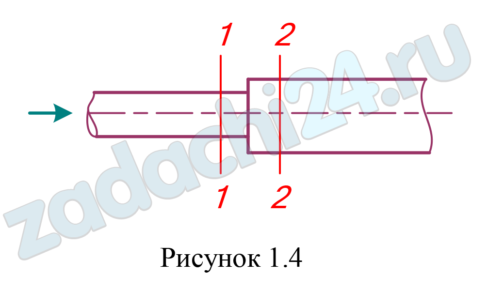 Определить давление р1 в узком сечении трубопровода (рис. 1.4, сечение 1-1) при следующих условиях: давление в широкой его части равно р2, расход воды, протекающей по трубопроводу Q, диаметры труб узкого и широкого сечений соответственно d1 и d2. Режим движения в трубопроводе - турбулентный. Трубопровод горизонтален. Удельный вес воды принять равным γ  = 10 кН/м³.