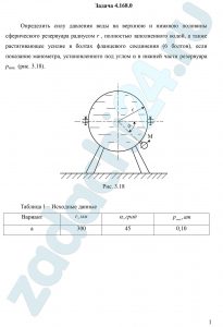 Определить силу давления воды на верхнюю и нижнюю половины сферического резервуара радиусом r , полностью заполненного водой, а также растягивающее усилие в болтах фланцевого соединения (6 болтов), если показание манометра, установленного под углом α в нижней части резервуара рман