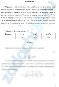 Определить теоретическую скорость адиабатного истечения и массовый расход воздуха из суживающегося сопла с площадью выходного сечения f2, если абсолютное давление воздуха перед соплом p1, а давление среды, в которую вытекает воздух, p2. Температура воздуха перед соплом t = 47 °С. Скоростью воздуха на входе в сопло и потерями на трение пренебречь. Будет ли полное расширение воздуха в сопле, если при прочих равных условиях давление за соплом понизится до 400 кПа? Как при этом изменяется расход и скорость истечения воздуха