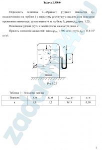 Определить показание U-образного ртутного манометра hрт, подключенного на глубине h к закрытому резервуару с маслом, если показание пружинного манометра, установленного на глубине h1, равно рман (рис. 1.22). Понижение уровня ртути в левом колене манометра равно а. Принять плотности жидкостей: масла ρмасл = 900 кг/м³; ртути ρрт