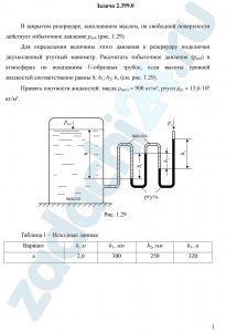 В закрытом резервуаре, заполненном маслом, на свободной поверхности действует избыточное давление ризб (рис. 1.29). Для определения величины этого давления к резервуару подключен двухколенный ртутный манометр. Рассчитать избыточное давление (ризб) в атмосферах по показаниям U-образных трубок, если высоты уровней жидкостей соответственно равны h; h1; h2; h3 (см. рис. 1.29). Принять плотности жидкостей: масла ρмасл = 900 кг/м³; ртути ρрт = 13,6·10³ кг/м³.