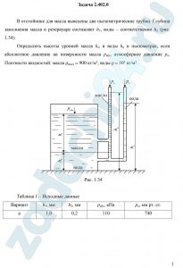 В отстойнике для масла выведены две пьезометрические трубки. Глубина заполнения масла в резервуаре составляет h1, воды – соответственно h2 (рис. 1.34). Определить высоты уровней масла hм и воды hв в пьезометрах, если абсолютное давление на поверхности масла рабс, атмосферное давление ра. Плотности жидкостей: масла ρмасл = 900 кг/м³, воды ρ = 10³ кг/м³.