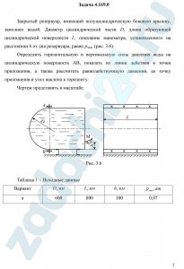 акрытый резервуар, имеющий полуцилиндрическую боковую крышку, заполнен водой. Диаметр цилиндрической части D, длина образующей цилиндрической поверхности L, показание манометра, установленного на расстоянии h от дна резервуара, равно рман. (рис. 3.6). Определить горизонтальную и вертикальную силы давления воды на цилиндрическую поверхность АВ, показать их линии действия и точки приложения, а также рассчитать равнодействующую давления, ее точку приложения и угол наклона к горизонту. Чертеж представить в масштаб