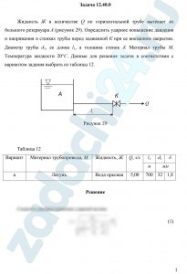 Жидкость Ж в количестве Q по горизонтальной трубе вытекает из большого резервуара А (рисунок 29). Определить ударное повышение давления и напряжения в стенках трубы перед задвижкой К при ее внезапном закрытии. Диаметр трубы d1, ее длина l1, а толщина стенок d. Материал трубы М. Температура жидкости 20°С