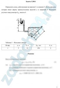 Определить силы, действующие на верхние Fв и нижние Fн болты крышки, которая имеет форму прямоугольника высотой а и шириной b. Показание ртутного вакуумметра hрт, высота h