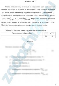 Стенка холодильника, состоящая из наружного слоя изоляционного кирпича толщиной δ1 = 250 мм и внутреннего слоя совелита толщиной δ2 = 200 мм, имеет температуру наружной поверхности t1ст и внутренней t3ст. Коэффициенты теплопроводности материала слое соответственно равны: λ1 = 0,24 Вт/(м·К) и λ2 = 0,09 Вт/(м·К). Определить плотность теплового потока через стенку и температурные градиенты в отдельных слоях. Представить график распределения температуры по толщине стенки.