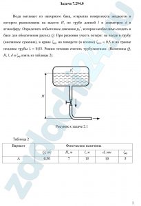 Вода вытекает из напорного бака, открытая поверхность жидкости в котором расположена на высоте Н, по трубе длиной l и диаметром d в атмосферу. Определить избыточное давление р0*, которое необходимо создать в баке для обеспечения расход Q. При решении учесть потери: на входе в трубу (внезапное сужение), в кране ζкр, на повороте (в колене) ζкол = 0,5 и на трение подлине трубы λ
