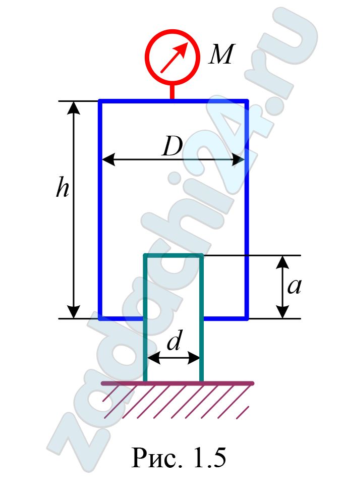 Цилиндрический сосуд массой m, диаметром D и высотой h полностью заполненный жидкостью плотностью ρ, опирается на плунжер диаметром d (рис. 1.5).  Определить показания манометра и усилие T на верхней крышке сосуда. Значения параметров D, d, h a и ρ приведены в табл. 1.18. Трением опоры сосуда о плунжер пренебречь.