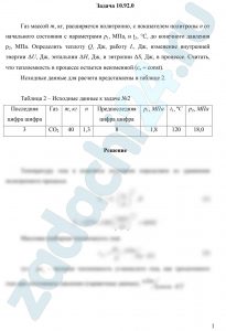 Газ массой m, кг, расширяется политропно, с показателем политропы n от начального состояния с параметрами р1, МПа, и t1, °С, до конечного давления р2, МПа. Определить теплоту Q, Дж, работу L, Дж, изменение внутренней энергии ΔU, Дж, энтальпии ΔH, Дж, и энтропии ΔS, Дж, в процессе. Считать, что теплоемкость в процессе остается неизменной (сn = const)