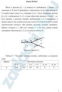 Масло с расходом Q1 = Q подается по трубопроводу 1 длиной l1 и диаметром d1. В точке М трубопровод 1 разветвляется на два трубопровода 2 и 3, которые имеют длину l2 и l3, диаметры d2 и d3 = 0,8·d2. Определить расходы Q2 и Q3 в трубопроводах 2 и 3, а также избыточное давление в точке К – рК, если давление в конечных сечениях трубопроводов 2 и 3 атмосферное, и центры тяжести этих сечений так же как и точки К и М  располагаются в одной горизонтальной плоскости