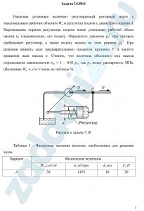 Насосная установка включает регулируемый роторный насос с максимальным рабочим объемом Wо и регулятор подачи с диаметром поршня d. Перемещение поршня регулятора подачи влево уменьшает рабочий объем насоса и, следовательно, его подачу. Определить давление pн* при котором срабатывает регулятор, а также подачу насоса на этом режиме Qн*. При решении принять силу предварительного поджатия пружины F, а частоту вращения вала насоса n. Считать, что величина объемного кпд насоса определяется зависимостью