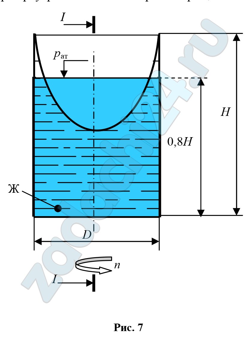 Открытый цилиндрический резервуар (рис. 7) заполнен жидкостью Ж до высоты 0,8Н. Диаметр резервуара D, температура жидкости 20°С. Определить: 1) объём жидкости, сливающейся из резервуара при его вращении с частотой n вокруг его вертикальной оси; 2) силу давления на дно резервуара и горизонтальную силу, разрывающую резервуар по сечению I–I при его вращении.