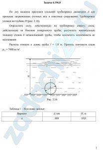 По дну водоема проложен стальной трубопровод диаметром d для пропуска загрязненных сточных вод в очистные сооружения. Трубопровод уложен на глубине Н (рис. 3.16). Определить силу, действующую на трубопровод сверху; силы, действующие на боковые поверхности трубы; рассчитать минимальную толщину стенок δ незаполненной трубы, чтобы исключить возможность ее всплывания. Расчеты отнести к длине трубы l = 1,0 м. Принять плотность стали ρс