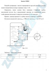 Патрубок резервуара с маслом перекрывается круглой крышкой, которая можем поворачиваться вокруг шарнира А (рис. 2.14). Определить, каким должно быть показание U-образной трубки, заполненной ртутью (hрт), определяющей давление на поверхности масла, чтобы крышка находилась в закрытом положении за счет вакуума. Принять: диаметр крышки D, глубину масла до шарнира А равной h. Плотности жидкостей: масла ρмасл = 900 кг/м³; ртути ρрт = 13,6·10³ кг/м³.