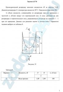 Цилиндрический резервуар заполнен жидкостью Ж до высоты 3/4Н. Диаметр резервуара D, температура жидкости 20°С. Определить (рисунок 20): 1) объем жидкости, сливающийся из резервуара при его вращении с частотой n, об/мин вокруг его вертикальной оси; 2) силу давления на дно резервуара и горизонтальную силу, разрывающую резервуар по сечению 1 – 1 при его вращении.