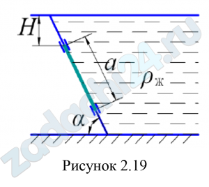 В наклонной стенке резервуара для выпуска жидкости имеется прямоугольное отверстие с размерами а × b. Определить силу гидростатического давления, которую воспринимают болты крепления крышки, координату центра давления. Построить эпюру гидростатического давления на крышку. Глубина до верхней кромки отверстия H, угол наклона стенки к горизонту равен α.