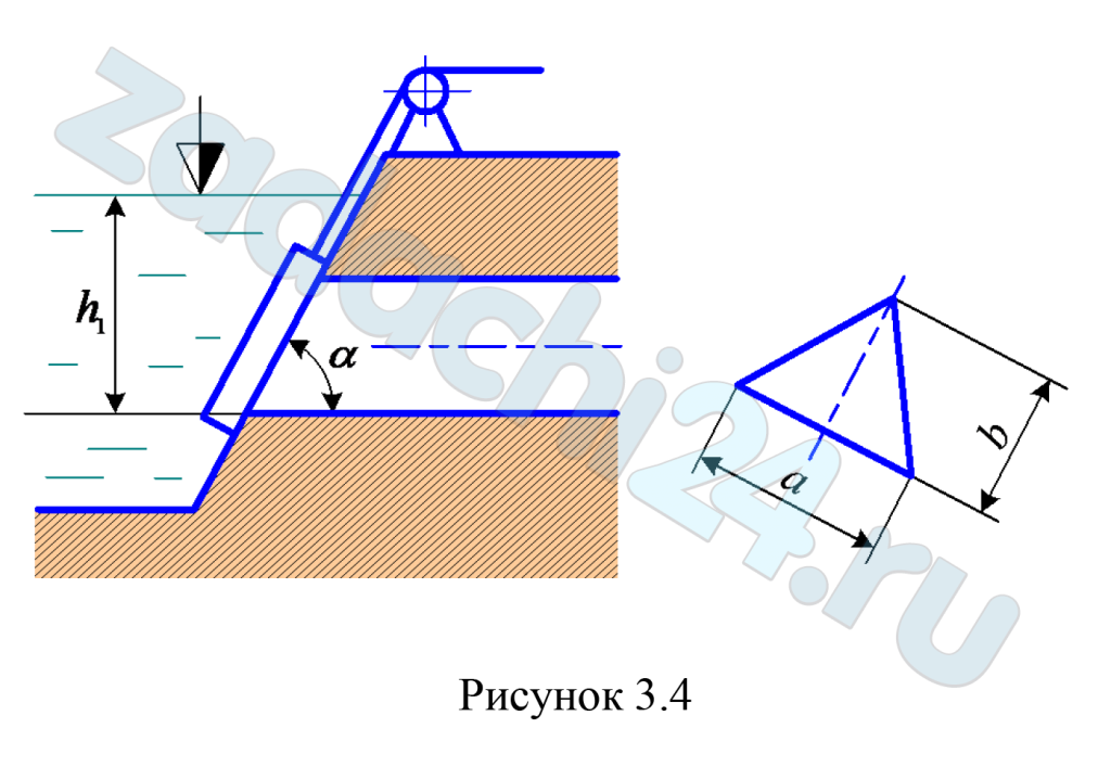 Затвор донного водовыпуска треугольной формы имеет ширину а = 1,5 м и высоту b = 2 м. Угол наклона затвора α = 45º, нижняя кромка затвора находится в воде на глубине h1 = 11 м. Определить силу абсолютного гидростатического давления жидкости и положение центра давления на затвор.